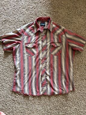 Wrangler Western Short Sleeve Pearl Snap Down Stripe Shirt XL - Red & Tan